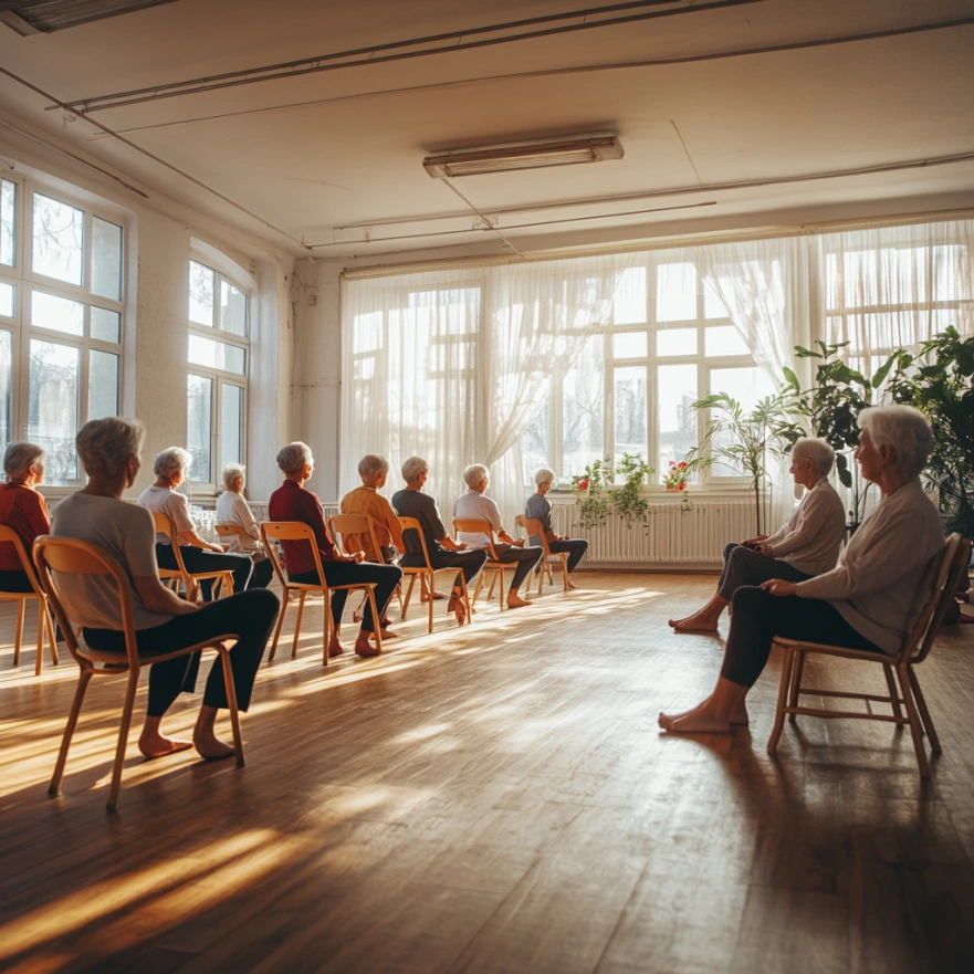 Група пенсіонерів практикує йогу на стільцях під керівництвом інструктора в просторому світлому залі з дерев'яною підлогою