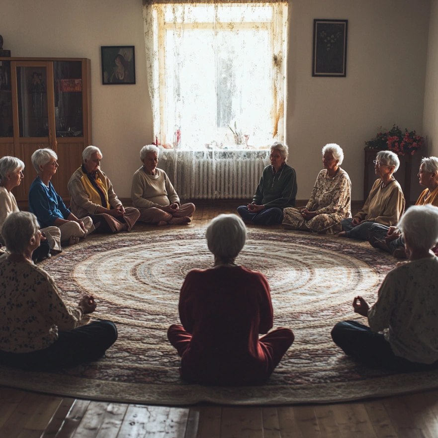 Група пенсіонерів сидить у колі на підлозі під час групової медитації з інструктором у центрі