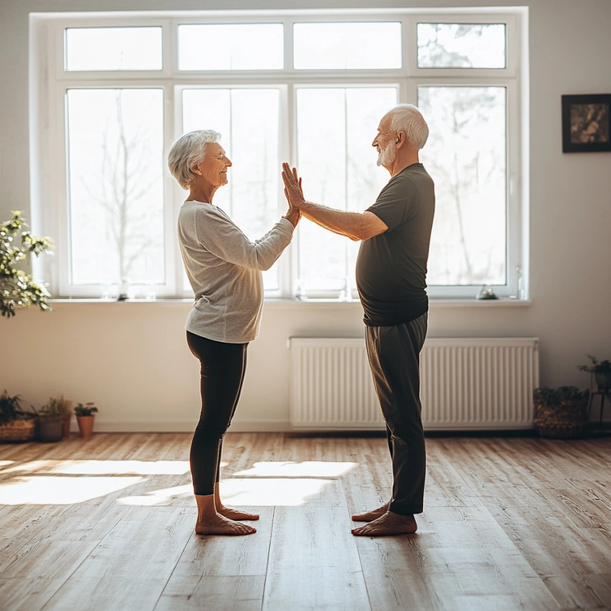 Літній чоловік та жінка практикують парну йогу, допомагаючи один одному в асанах для балансу