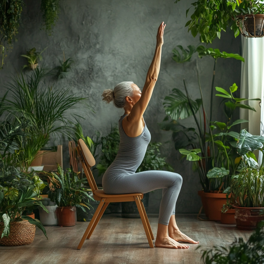 Інструктор демонструє техніку виконання Тріконасани (поза трикутника) з використанням стільця для опори