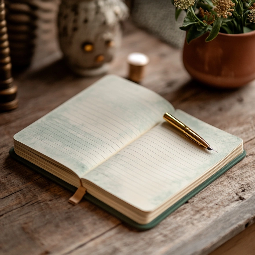 Щоденник практики йоги з ручкою та відкритими сторінками для запису прогресу